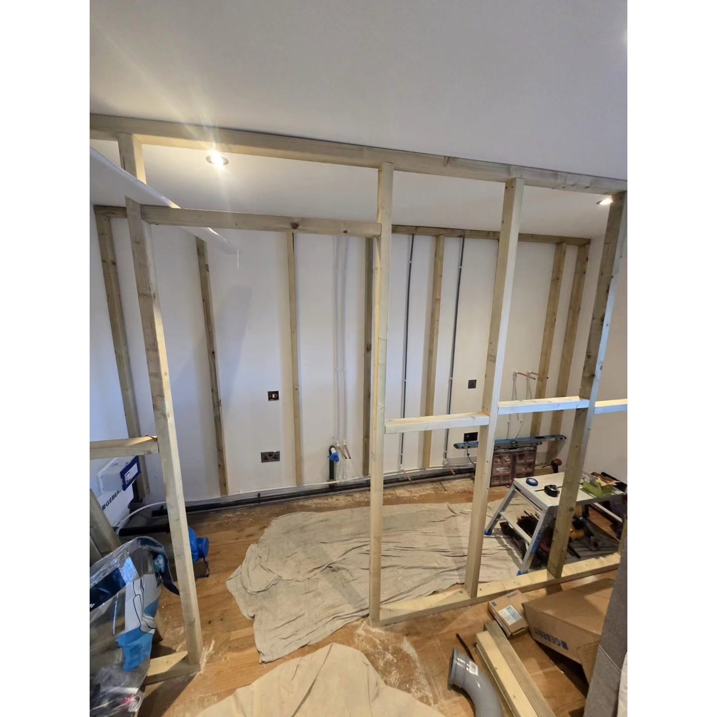 En-suite framing and plumbing during a Stanford Bathroom Fitters Essex renovation